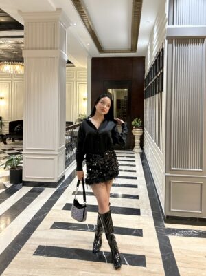 Black Sequinned Feather Straight Skirt on Savana